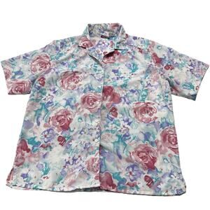 Vintage TanJay Button Up Top Size 14 Pink Teal Purple White Floral Short Sleeve